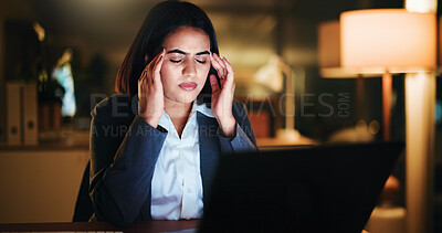 Buy stock photo Business, night and woman with headache, tired or financial agency with stress, tension or fatigue. Evening, person and pc in office, migraine or overwhelmed with stock market crash, pressure or pain