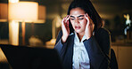 Business, night and woman in office, headache or financial agency with stress, pain and tired. Evening, person and pc in workplace, migraine or blue light exposure with tension, pressure and fatigue