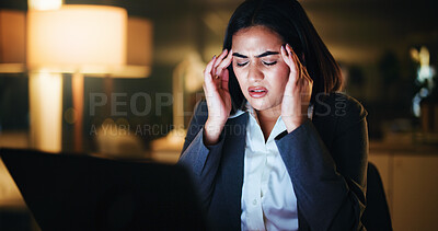 Buy stock photo Business, night and woman in office, headache or financial agency with stress, pain and tired. Evening, person and pc in workplace, migraine or blue light exposure with tension, pressure and fatigue