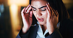Business, night and woman with headache, burnout or financial agency with stress, pain or fatigue. Evening, person and employee in office, migraine or overwhelmed with pressure, tension or exhausted