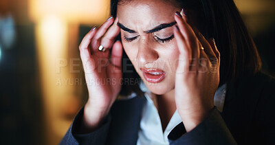 Buy stock photo Business, night and woman with headache, burnout or financial agency with stress, pain or fatigue. Evening, person and employee in office, migraine or overwhelmed with pressure, tension or exhausted
