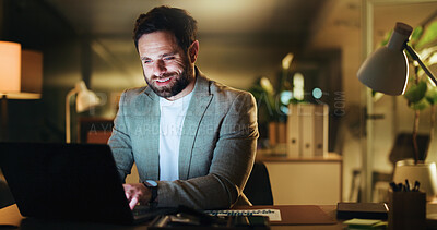Buy stock photo Laptop, research and typing with business man in office for night, account manager and reading. Budget report, audit deadline and tax update with person in agency for review, planning and overtime