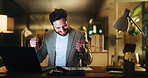 Excited, businessman and night with fist pump on laptop for winning, investment or promotion at office. Happy, man or employee working late with smile, graphs and good news or celebration for bonus
