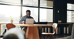 Coffee shop, creative and black man on laptop for working on online report, article and research. Publishing, remote worker and person on computer for copywriting, editing news and website in cafe