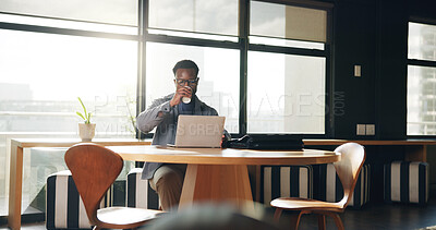 Buy stock photo Coffee shop, drink and black man on laptop for working on online report, article and research. Creative, remote worker and person on computer for copywriting, editing story and news website in cafe