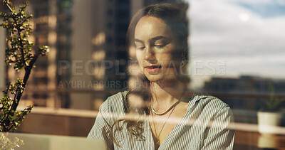 Buy stock photo Window, laptop and woman in cafe for working on online report, article and research. Creative freelancer, remote worker and person on computer for copywriting, editing review and news in coffee shop