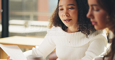 Buy stock photo Business, documents and women in office, planning and conversation with copywriting. People, employees and journalist in workplace, cooperation and schedule for news report publication and editing