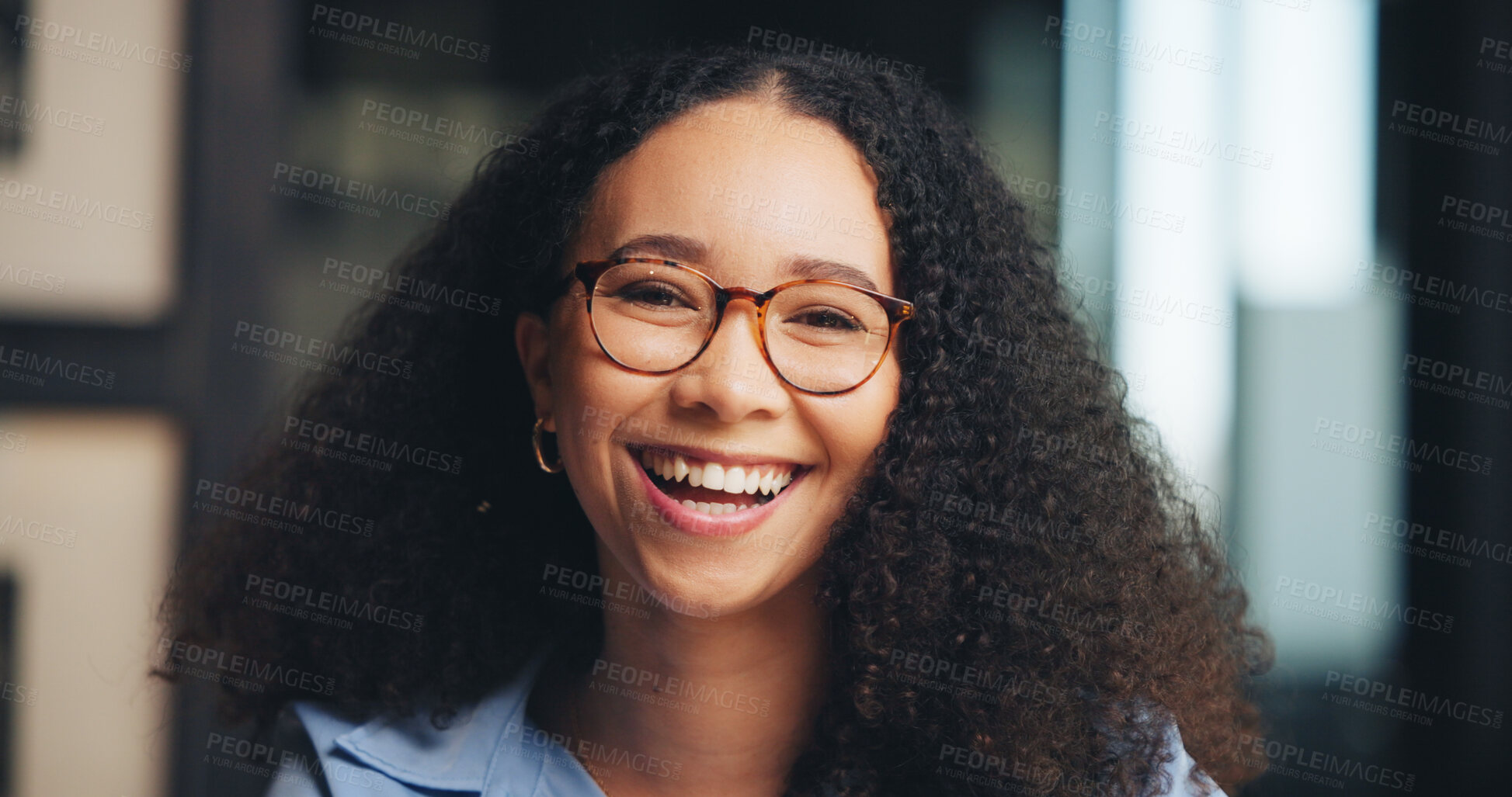 Buy stock photo Office, portrait and woman with glasses, laugh and journalist with career development and ambitious. Creative, reporter and African person with positive attitude for opportunity, media and newsroom