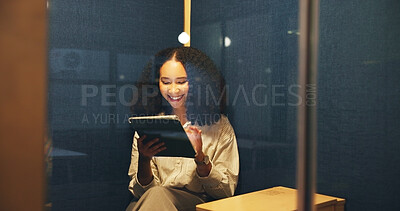 Buy stock photo Booth, business and woman in office with tablet for online project, productivity and proposal. Creative, professional and worker on digital tech for privacy, soundproof space and cubicle for research