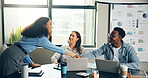 Handshake, meeting and business people in office with laptop for teamwork, project and budget planning. Startup, finance advisor and workers shaking hands for collaboration, partnership or consulting