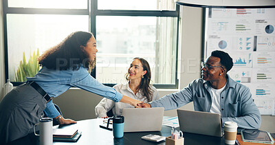 Buy stock photo Handshake, meeting and business people in office with laptop for teamwork, project and budget planning. Startup, finance advisor and workers shaking hands for collaboration, partnership or consulting