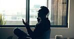 Phone call, window and black man in office with communication, contact or networking for business. Cellphone, professional and African male director on mobile discussion for deal in workplace.