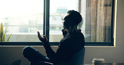 Buy stock photo Phone call, window and black man in office with communication, contact or networking for business. Cellphone, professional and African male director on mobile discussion for deal in workplace.