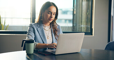 Buy stock photo Laptop, research and businesswoman in office for typing for finance report with company budget. Technology, reading and female financial manager with computer for investment proposal in workplace.