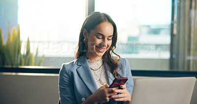 Buy stock photo Phone, happy and businesswoman in office with networking, communication or contact for finance. Smile, technology and female financial advisor with cellphone for email on mobile app in workplace.