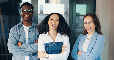 Buy stock photo Woman, arms crossed and team in portrait at startup, office and happy with pride at media company. Person, leader and group with smile, solidarity and synergy for collaboration at creative agency
