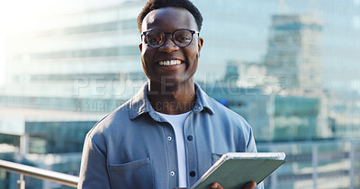 Buy stock photo Business man, tablet and portrait in city with expert for review, research and economic report. Black person, technology and male economist on balcony with digital info or survey for fiscal policy