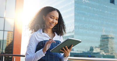 Buy stock photo Business woman, tablet and reading in city with analysis, review or research for economic report. Sunshine, technology and female economist on balcony, digital study or survey for fiscal policy