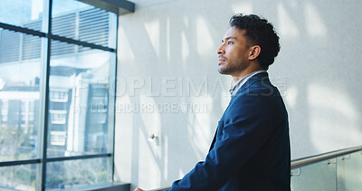 Buy stock photo Serious, thinking and man with vision, office and ideas for business growth, employee and corporate. Space, accountant and person with ambition for career development, opportunity and reflection