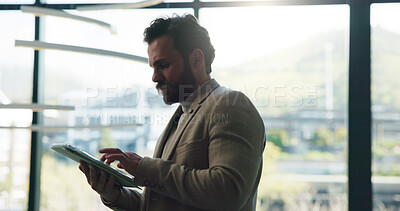 Buy stock photo Lobby, office and business man on tablet for online proposal, investment growth and finance report. Investor, corporate and person on digital tech for financial review, stock market news and trading
