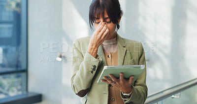 Buy stock photo Stress, employee and woman with tablet, office or thinking of mistake, real estate agent or burnout. Reflection, realtor and mature person with anxiety for listing loss, pressure and  project fail