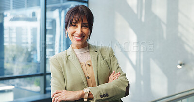 Buy stock photo Portrait, happy or mature woman at law firm for client support, legal advice or justice. Court trial, space or employment lawyer with confidence, dispute resolution or lawsuit representation for case