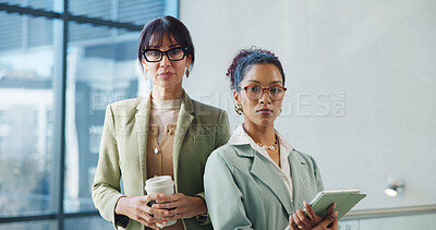 Buy stock photo Portrait, mentorship and women in office with tablet, skill growth or support in corporate job. Confidence, marketing director and intern in agency with tech, coaching and goals in career development