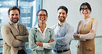 Portrait, arms crossed and business people in team at office with smile, confidence and about us pride. Corporate group, collaboration or happy employees in workplace with ambition for company growth