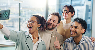 Buy stock photo Selfie, thumbs up and business people in office smile for social media, teamwork and about us. Startup, creative agency and men with women with profile picture for company website, update and post