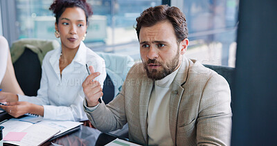 Buy stock photo Meeting, planning and business people in office with team for finance report with company budget. Discussion, collaboration and financial manager with advisors for investment proposal in workplace.