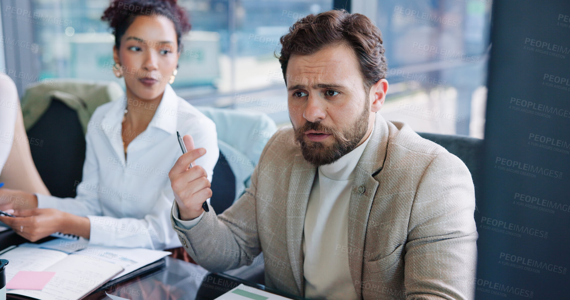 Buy stock photo Meeting, planning and business people in office with team for finance report with company budget. Discussion, collaboration and financial manager with advisors for investment proposal in workplace.