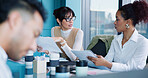 Business people, meeting and discussion with team in office for company report, analysis or project. Woman, employees and group with paperwork for brainstorming, planning or proposal in workplace