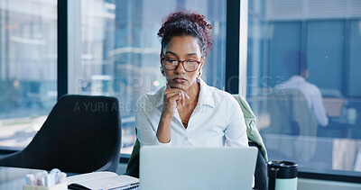 Buy stock photo Woman, laptop and thinking at office with decision, review or market research at investment agency. Person, broker or financial advisor with computer, report and perspective with feedback at company