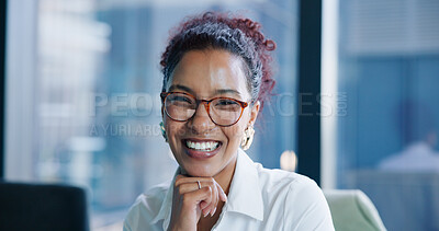 Buy stock photo Happy, office and portrait of business woman with smile for financial career, job and opportunity. Corporate, glasses and person with confidence for investment advisor, finance consultant and pride