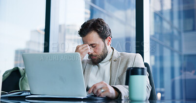 Buy stock photo Stress, worry and business man on laptop with online mistake, bad news and finance crisis in office. Professional, corporate and worker with burnout for bankruptcy, investment problem and failure