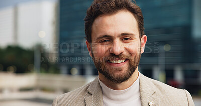 Buy stock photo Property development, portrait and smile of business man dowtown for real estate investment or sale. Architecture, buildings and commercial infrastructure with happy developer person outdoor in city