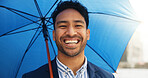 Happy, umbrella and portrait of businessman in city for travel, morning commute and trip to work. Professional, smile and person with protection for rain with confidence for career, job and ambition