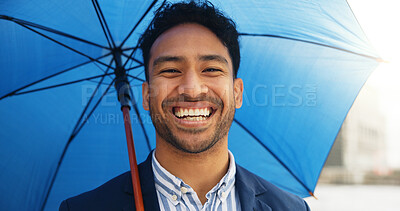 Buy stock photo Happy, umbrella and portrait of businessman in city for travel, morning commute and trip to work. Professional, smile and person with protection with confidence for career, job and ambition outdoor