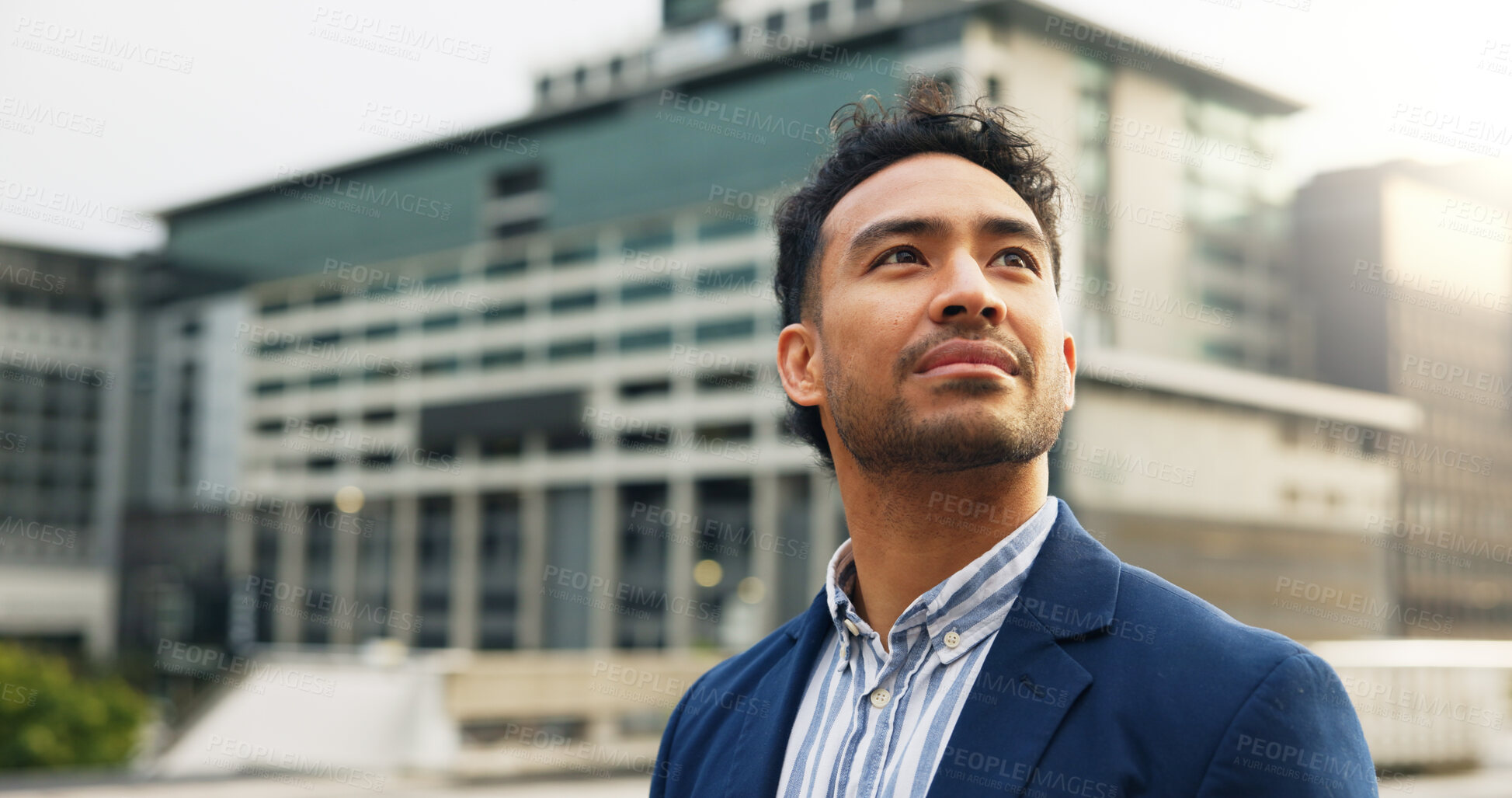 Buy stock photo Thinking, business and man in city with vision, ideas and future development in town planning. Reflection, thought or person outdoor with space, urban sustainability strategy and solution insight
