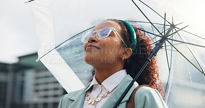 Buy stock photo Happy, umbrella and business woman in city for travel, morning commute and trip to work. Professional, inspiration and person with protection for rain and breathe for career, job and ambition in town