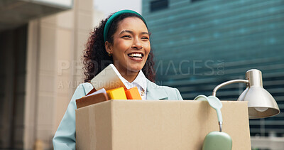 Buy stock photo Happy woman, box and city with new job opportunity, career path or resignation for fresh start. Excited, female person or employee with smile, package or office equipment for business relocation