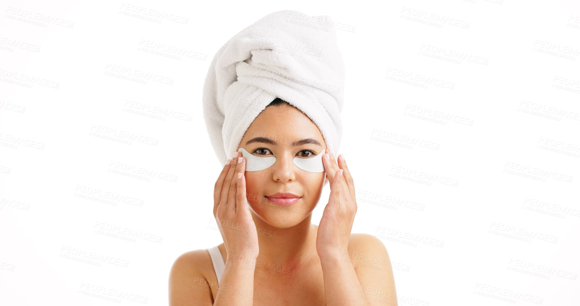 Buy stock photo Beauty, eye mask and portrait of woman in studio for cosmetics, dermatology or skincare. Aesthetic, antiaging and anti wrinkle with model isolated on white background for  cosmetology routine