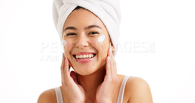 Buy stock photo Skincare, happy and portrait of a woman with cream for skin glow, sunscreen or soft touch. Space, towel and natural beauty of person with facial care, lotion or dermatology on white studio background