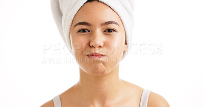 Buy stock photo Portrait, woman and rinse with mouthwash for health, dental wellness or oral hygiene. Cleaning mouth, person and swish for fresh breath, gum care and face on white background with space in studio