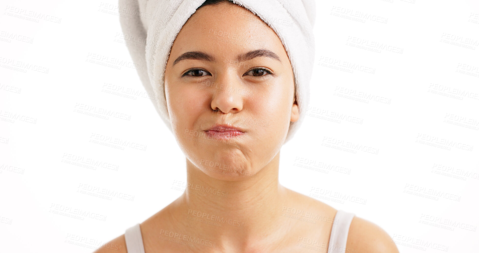 Buy stock photo Portrait, woman and rinse with mouthwash for health, dental wellness or oral hygiene. Cleaning mouth, person and swish for fresh breath, gum care and face on white background with space in studio