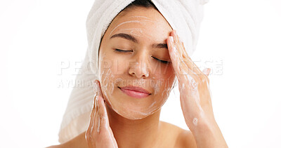 Buy stock photo Skincare, happy and soap of woman with face wash for clean skin, cleanser or soft touch. Space, towel and natural beauty of person with facial care, foam or dermatology on white studio background