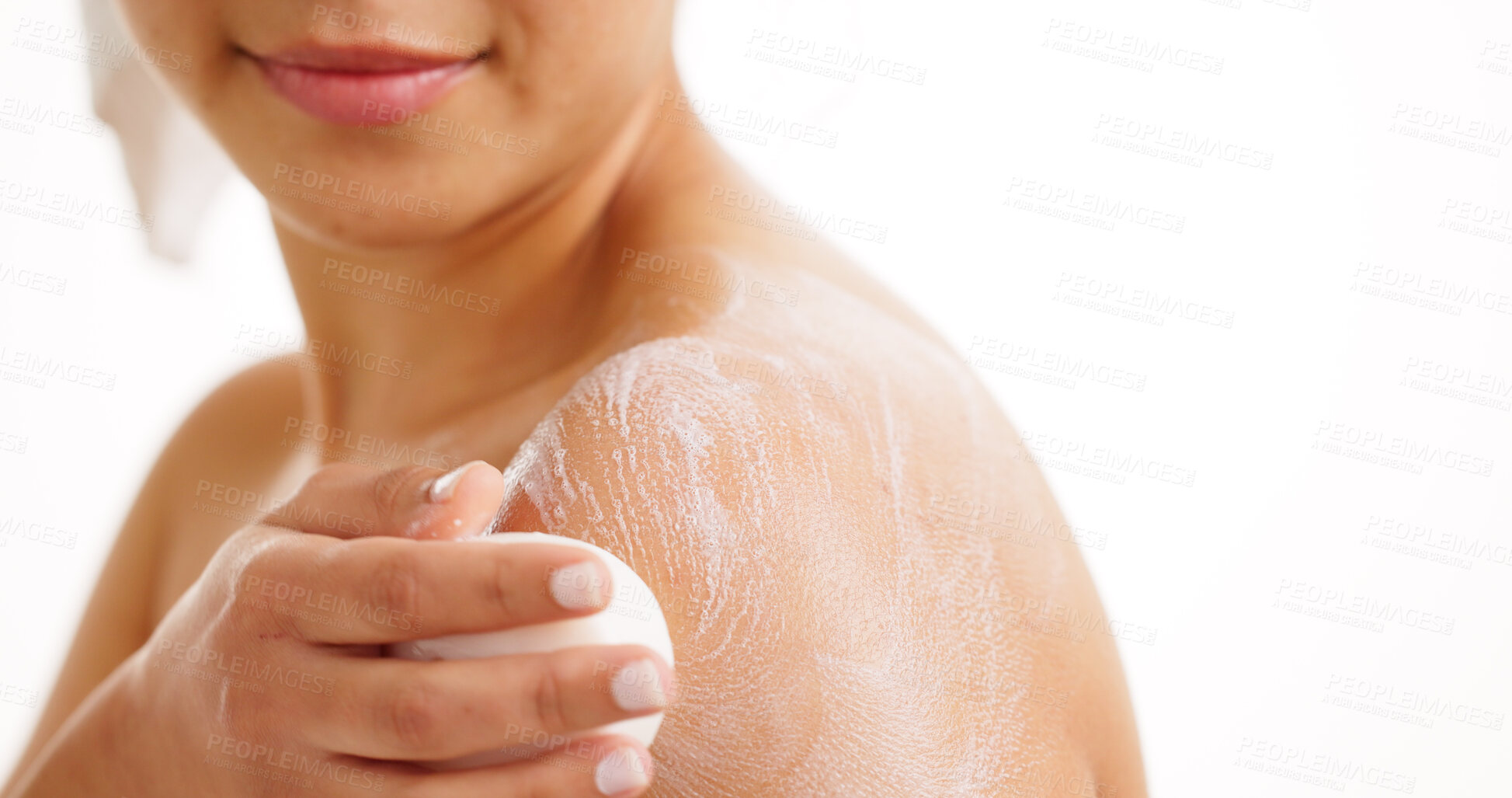 Buy stock photo Body care, cleaning and woman in studio with soap bar, natural cleanser or skincare for shower. Hygiene, grooming or female person with foam wash, organic bath product or cosmetic on white background