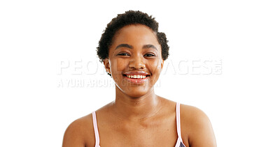 Buy stock photo Portrait, skincare and black woman in studio with smile, confidence and beauty with mockup. Happy, African person and dermatology on white background space with natural cosmetics, glow and self care.