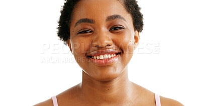 Buy stock photo Portrait, skincare and black woman in studio with smile, confidence and beauty with mockup. Happy, African person and dermatology on white background space with natural cosmetics, self care and glow.