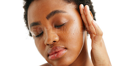 Buy stock photo Skincare, thinking and woman with makeup in studio, facial spa treatment or glowing for natural beauty. Dermatology, aesthetic or African person with cosmetics, space or self care on white background